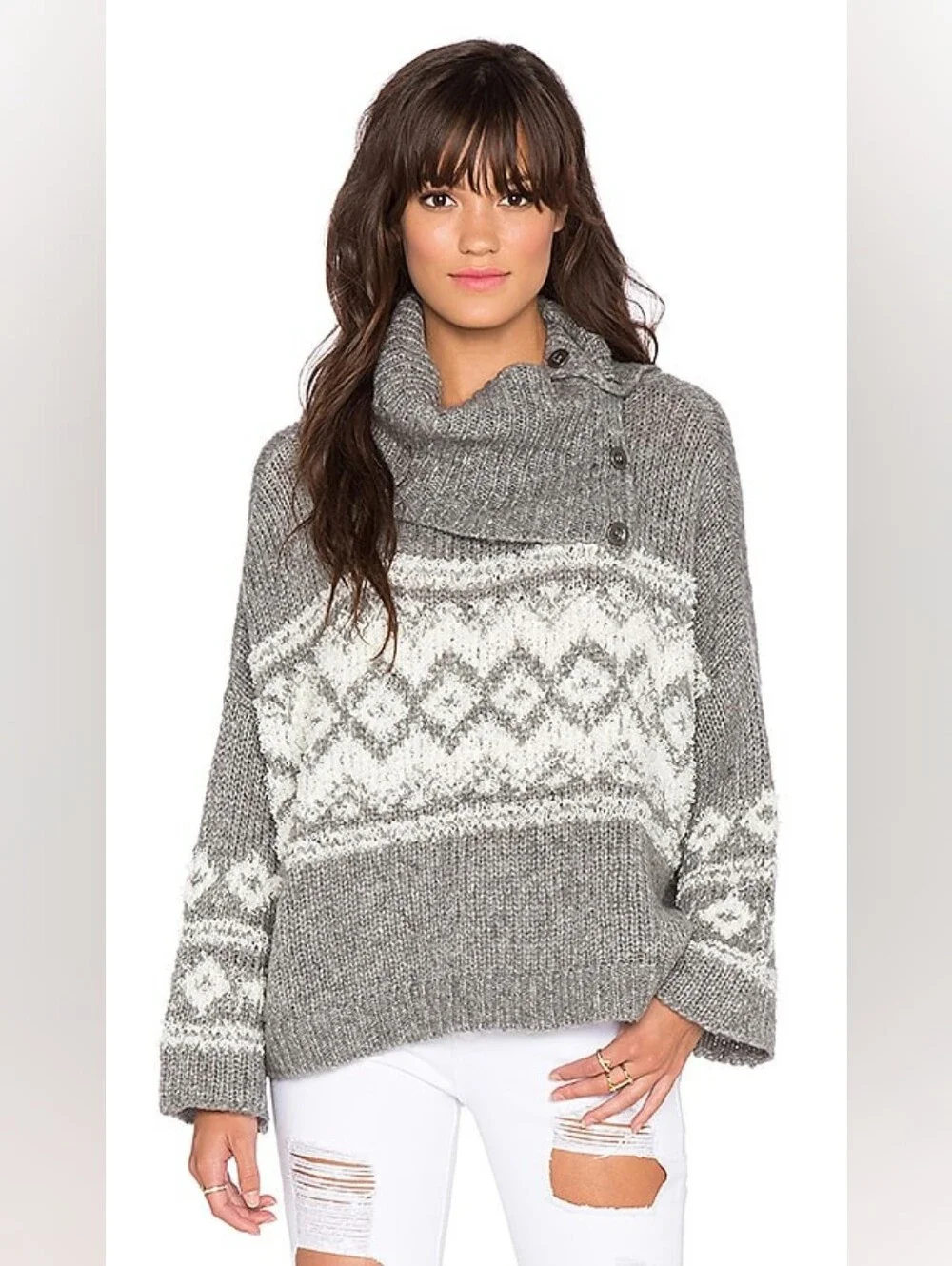 Free People Ragnar Fair Isle Split Cowl Neck Sweater Size Medium